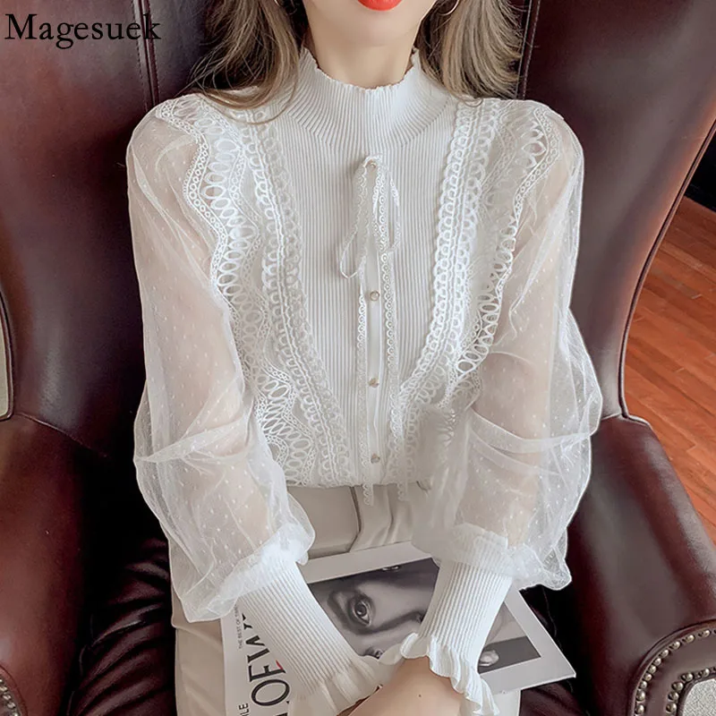 Korean Ruffle Stitched Chiffon Sleeve Bottomed Sweater Hollow Shirt 2021 Spring Stand Collar Bow Tie Women's Blouse Blusas 16847
Korean Ruffle Stitched Chiffon Sleeve Bottomed Sweater Hollow Shirt 2021 Spring Stand Collar Bow Tie Women's Blouse Blusas 16847