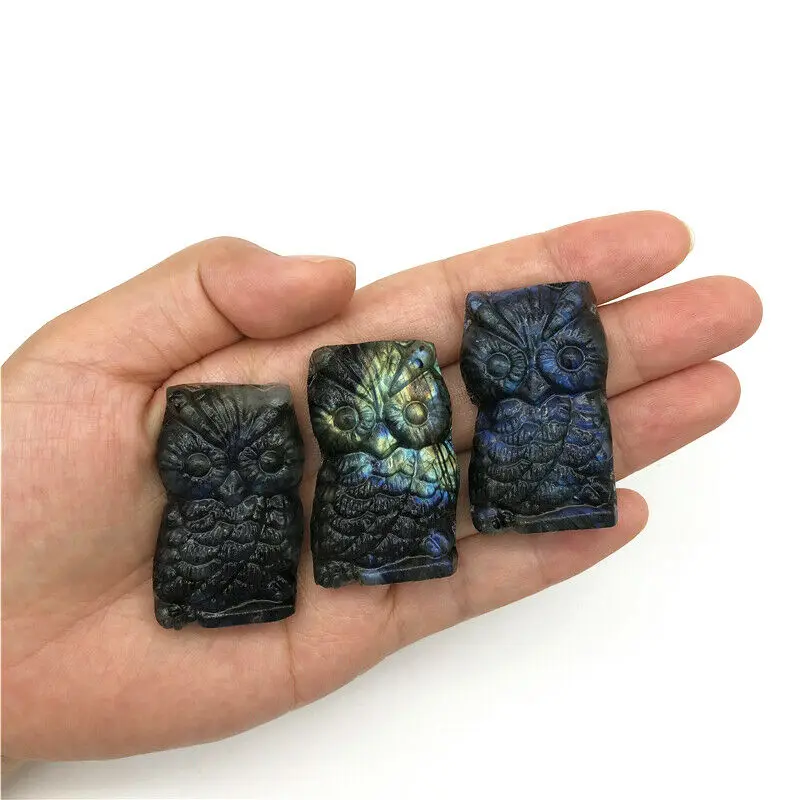 

Lovely 1PC Natural Labradorite Owl Hand Carved Crystal Animals Healing Stones Decor Gift Natural Quartz Crystals