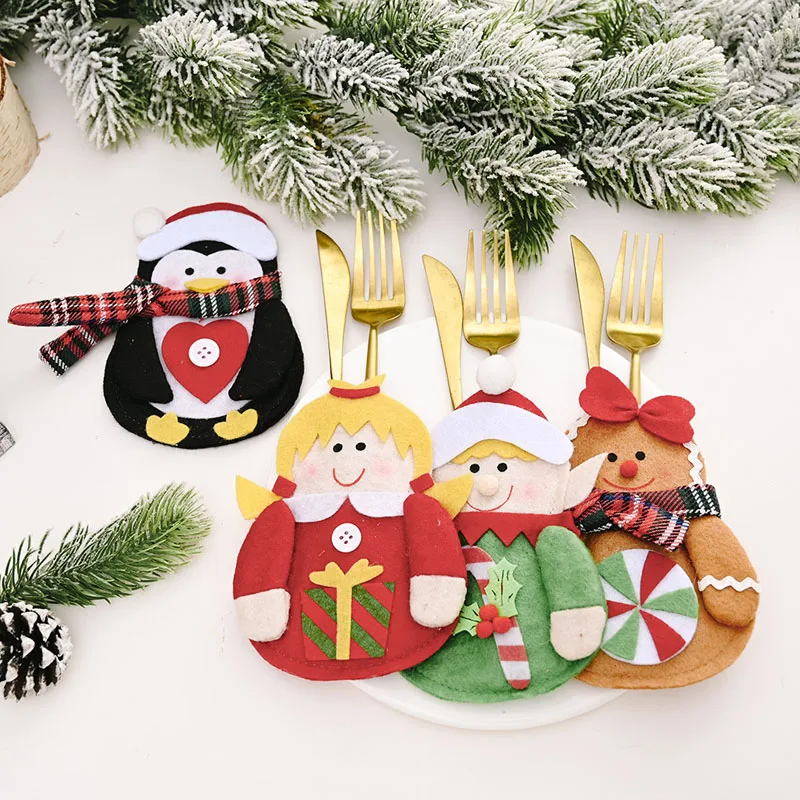 

Christmas Cutlery Cover Bag Kawaii Cloth Santa Claus Snowman Elk Shaped Cute For Kitchen Tableware Knife Fork Xams Party Decor