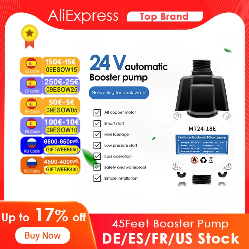EU US Stock Booster Pump Brushless Water Pump 45Feet 24V 75W Auto Pressure Controller IP56 Household Water Heater Boost for Home
EU US Stock Booster Pump Brushless Water Pump 45Feet 24V 75W Auto Pressure Controller IP56 Household Water Heater Boost for Home