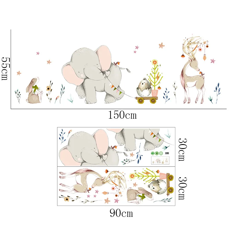 Cartoon Forest Flowe Elephant Rabbit Giraffe Animal Wall Stickers Kids Room Decoration Vinyl Wallpaper Baby Bedroom Decals | Дом и сад