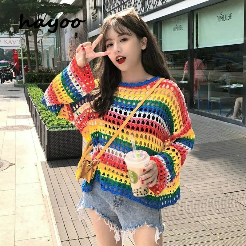hayoo Rainbow stripe sweater women's sweet easy matching shirt summer new retro fishnet shirt hollow out top
hayoo Rainbow stripe sweater women's sweet easy matching shirt summer new retro fishnet shirt hollow out top
