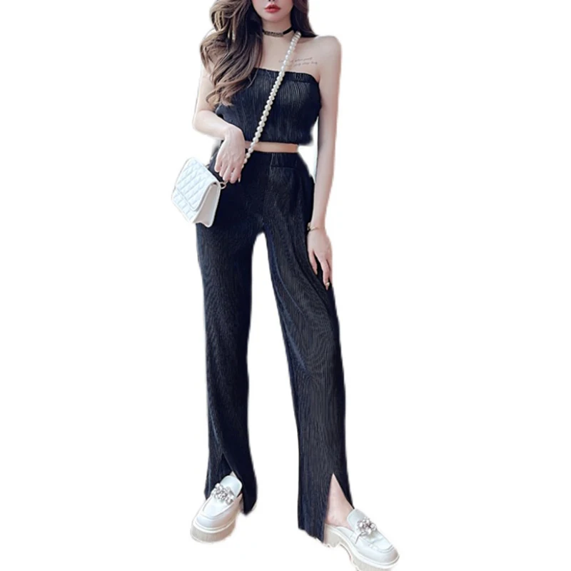 PERHAPS U Women Elegant Casual Solid Color Pleated Strapless Short Shirt Camisole Elastic Waist Split Wide Leg Pants T3045
PERHAPS U Women Elegant Casual Solid Color Pleated Strapless Short Shirt Camisole Elastic Waist Split Wide Leg Pants T3045