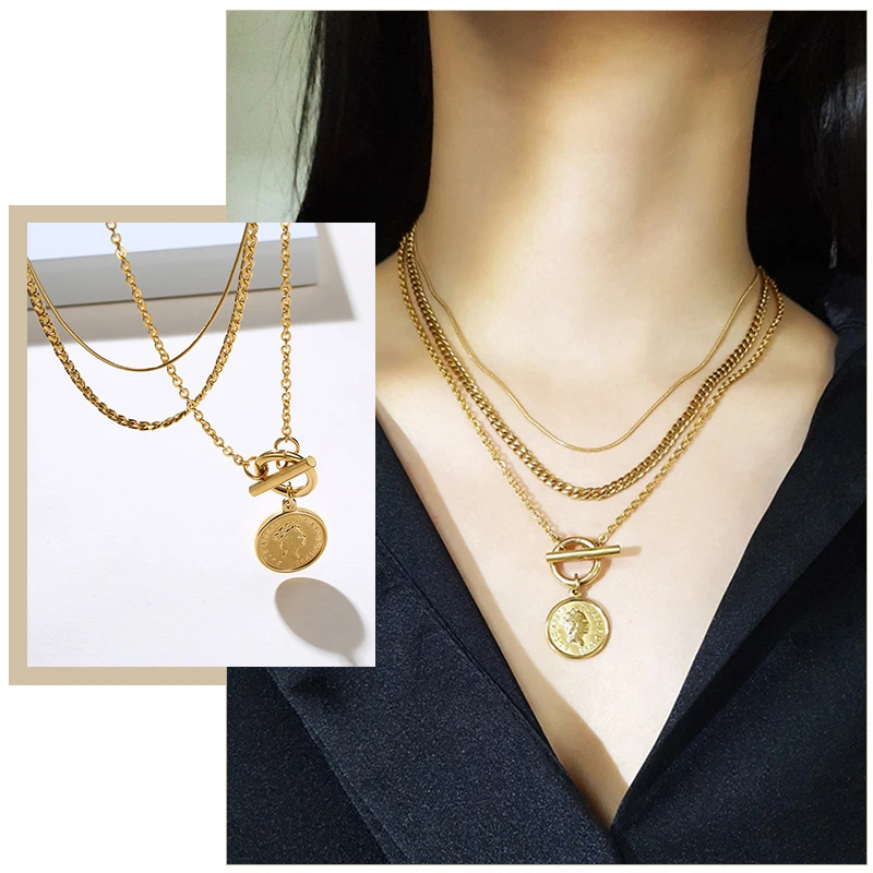 3 Pcs/Set Coin Queen Elizabeth Snake Chain Choker Necklaces for Women Gold Color Stainless Steel Three-Layered Jewelry for Her
3 Pcs/Set Coin Queen Elizabeth Snake Chain Choker Necklaces for Women Gold Color Stainless Steel Three-Layered Jewelry for Her