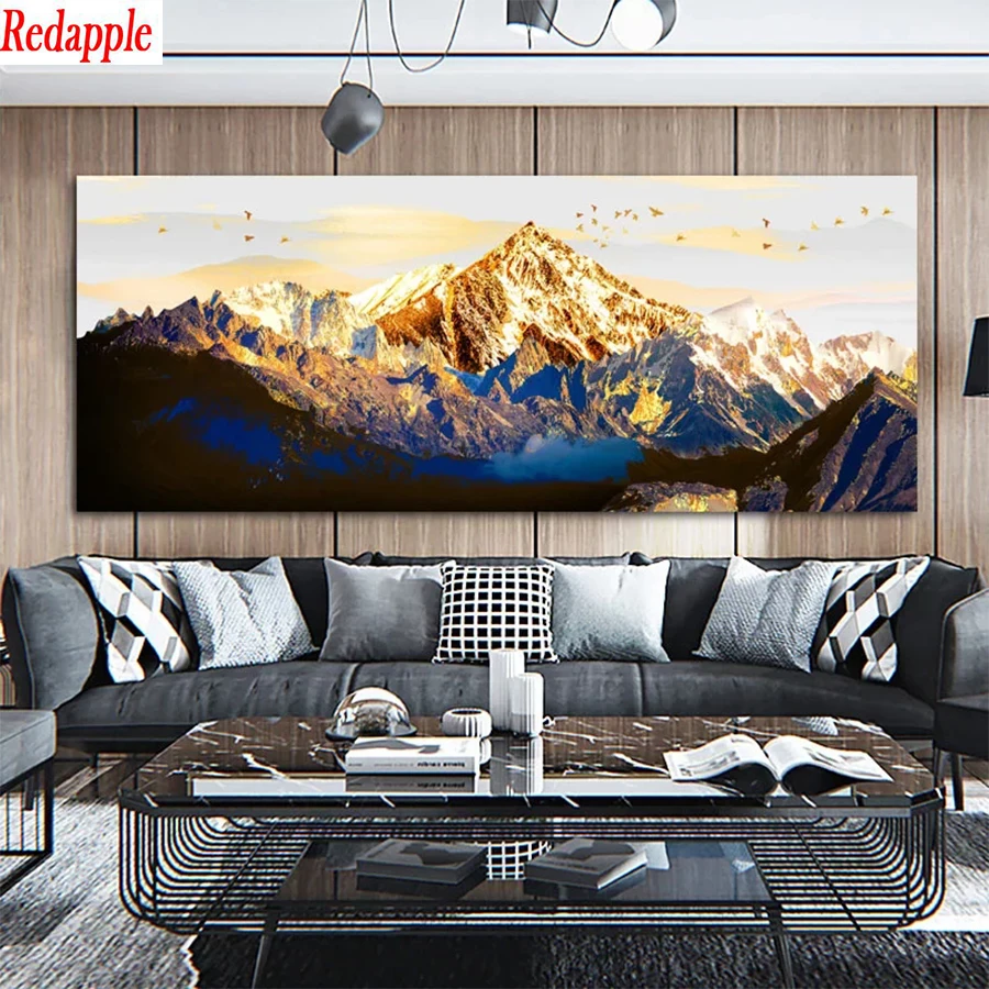 

5d photo Round Diamond Painting Abstract art, golden mountains, flying birds Full Drill Square Mosaic Home Decor Handmade