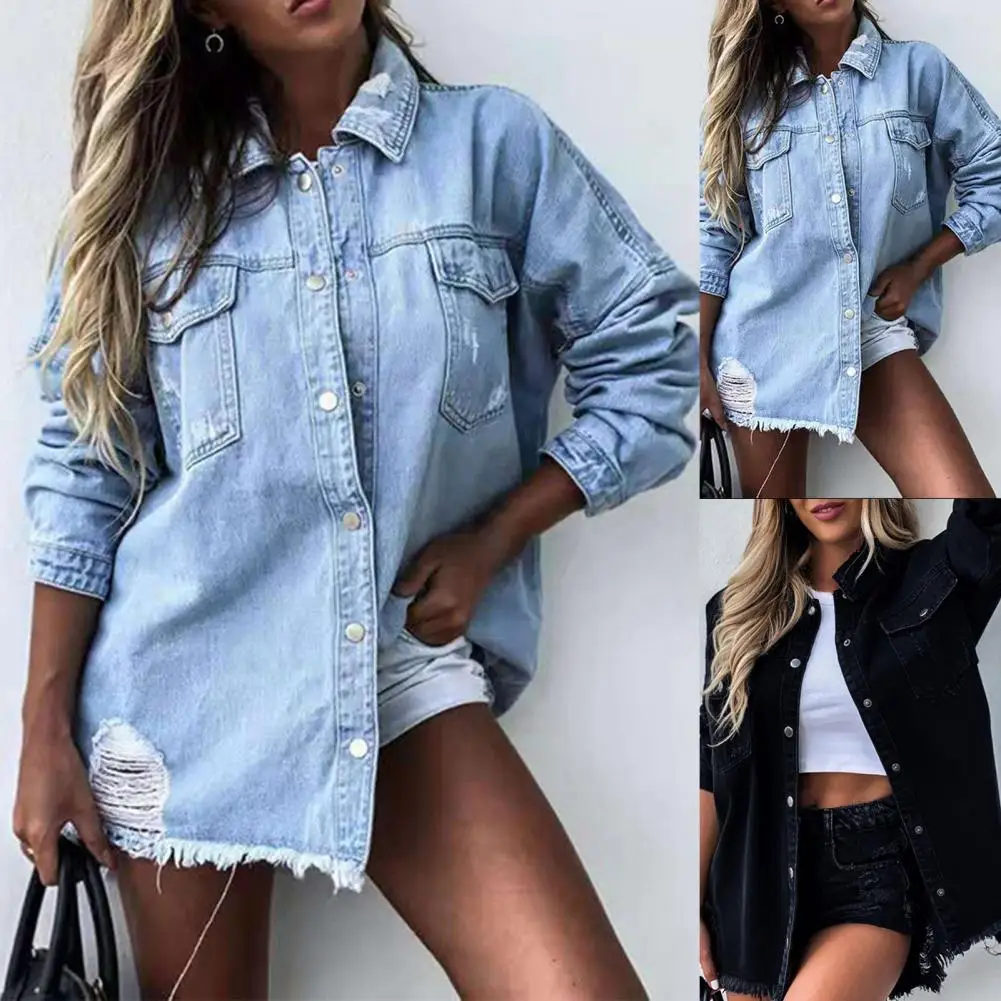 Women Denim Coat Solid Color Ripped Autumn Winter Single-breasted Turndown Collar Irregular Hem Shirt Streetwear Casual Style
Women Denim Coat Solid Color Ripped Autumn Winter Single-breasted Turndown Collar Irregular Hem Shirt Streetwear Casual Style