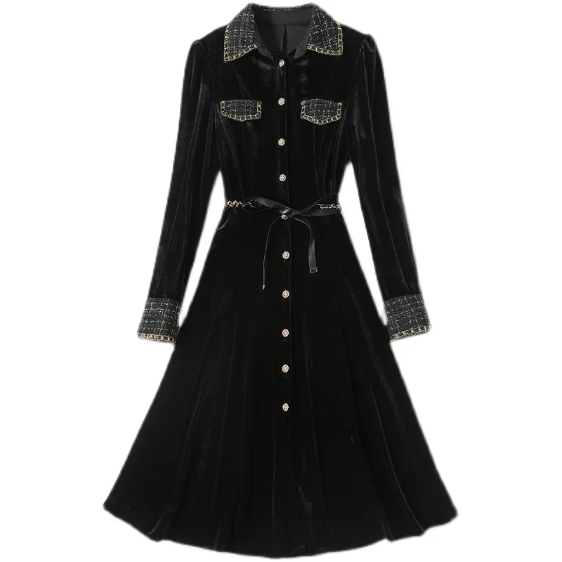 

Женское бархатное платье с длинным рукавом, черное винтажное бархатное платье с воротником-рубашкой и одним нагрудным карманом, верхняя од...