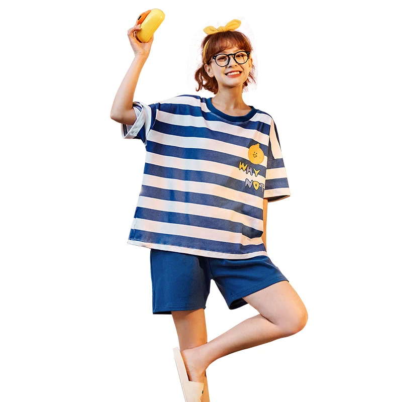 Casual 100% Cotton Short Sleeve Big Size Homewear Female Summer Fashion Blue Stripe Funny Cartoon Pattern Cute Women Pajamas Set
Casual 100% Cotton Short Sleeve Big Size Homewear Female Summer Fashion Blue Stripe Funny Cartoon Pattern Cute Women Pajamas Set