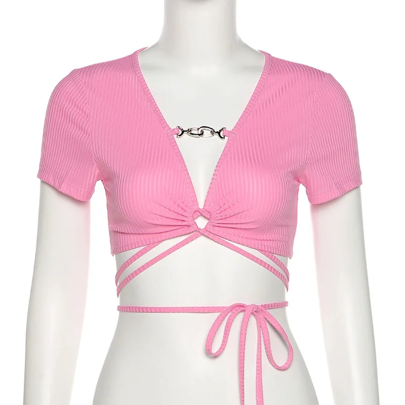 Blouse Ladies T-Shirt Sexy Irregular Bandage Chain V-Neck Solid Color Short Sleeve Slim Casual Top Beach Street Clothing Clothes
Blouse Ladies T-Shirt Sexy Irregular Bandage Chain V-Neck Solid Color Short Sleeve Slim Casual Top Beach Street Clothing Clothes