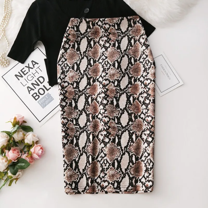 

Fashion commuter new snakeskin print ultra-thin slit medium and long step skirt women's bag hip skirt popular A-Line Print