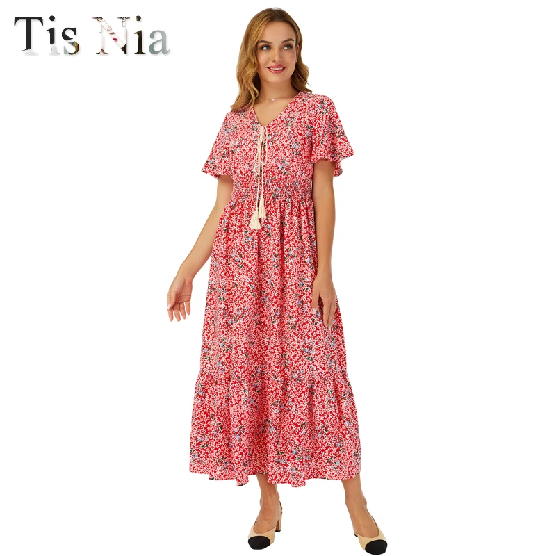 

Vestido De Praia Feminino Floral Saia Longa Manga Curta Estampa Floral Com Decote Em V Boho Babado De Praia Sexy Verão Pink