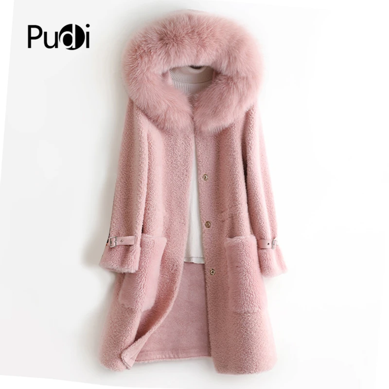 

Женское пальто с капюшоном Pudi, длинная теплая парка из натуральной овечьей шерсти с воротником из лисьего меха на зиму, A50060