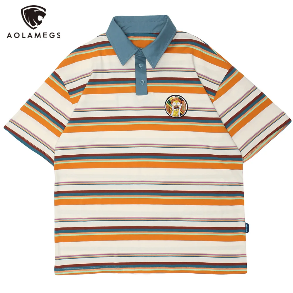 Aolamegs Funny Embroidery Badge Striped Printed Polo Shirts Men Short Sleeve Tee Loose Harajuku Fashion College Style Streetwear
Aolamegs Funny Embroidery Badge Striped Printed Polo Shirts Men Short Sleeve Tee Loose Harajuku Fashion College Style Streetwear
