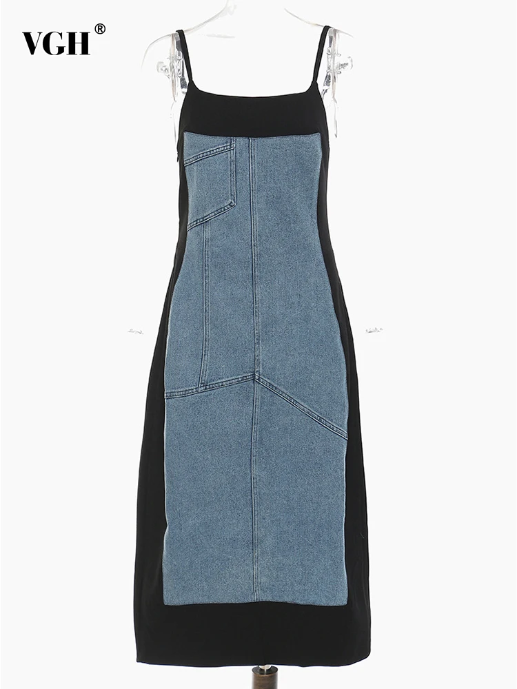 

Женское джинсовое платье без рукавов VGH, повседневное облегающее платье составного кроя с круглым вырезом, осень 2021
