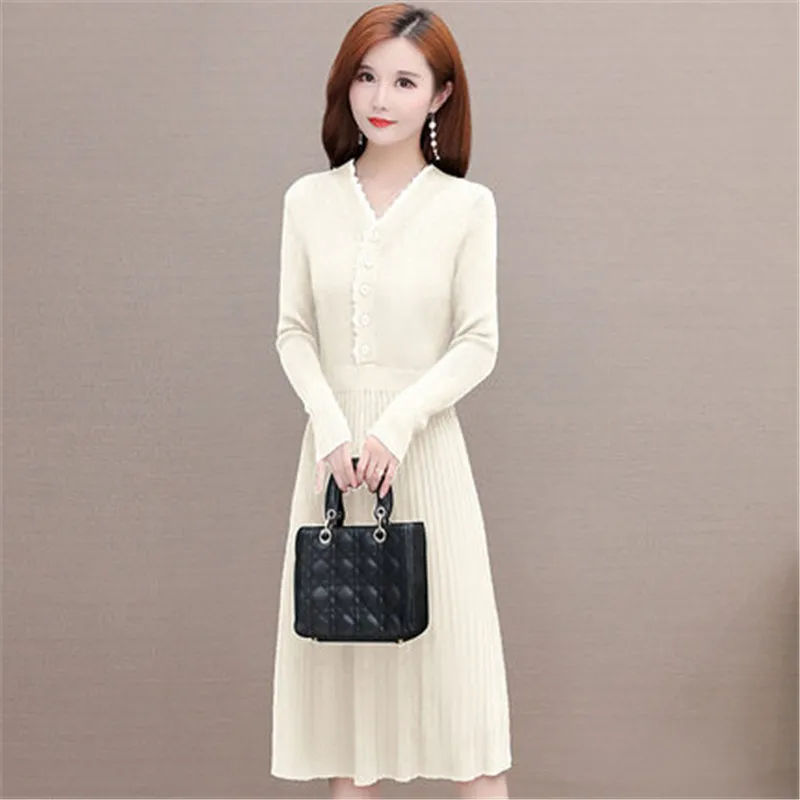 Solid Color Knitted Sweater Dress Women Autumn Winter New Fashion Temperament Lace V-neck Mid-length Slim Dresses Female LR1634
Solid Color Knitted Sweater Dress Women Autumn Winter New Fashion Temperament Lace V-neck Mid-length Slim Dresses Female LR1634