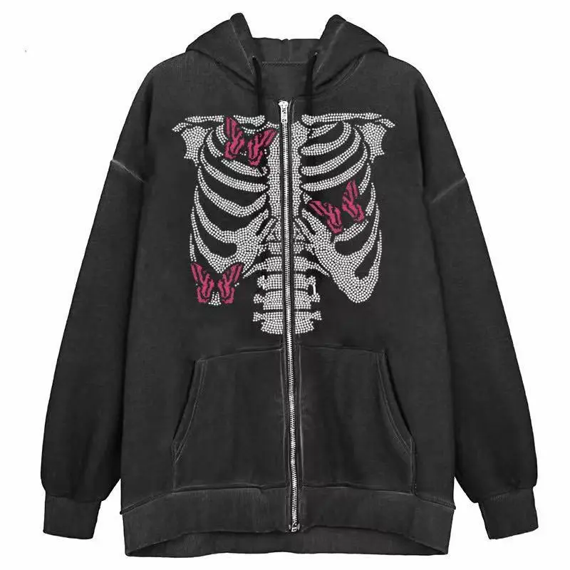 Women's Hooded Jacket Zipper Rhinestone Butterfly Skull Print Coat Female Gothic Hip Hop Streetwear Teenager Fashion Casual Top
Women's Hooded Jacket Zipper Rhinestone Butterfly Skull Print Coat Female Gothic Hip Hop Streetwear Teenager Fashion Casual Top