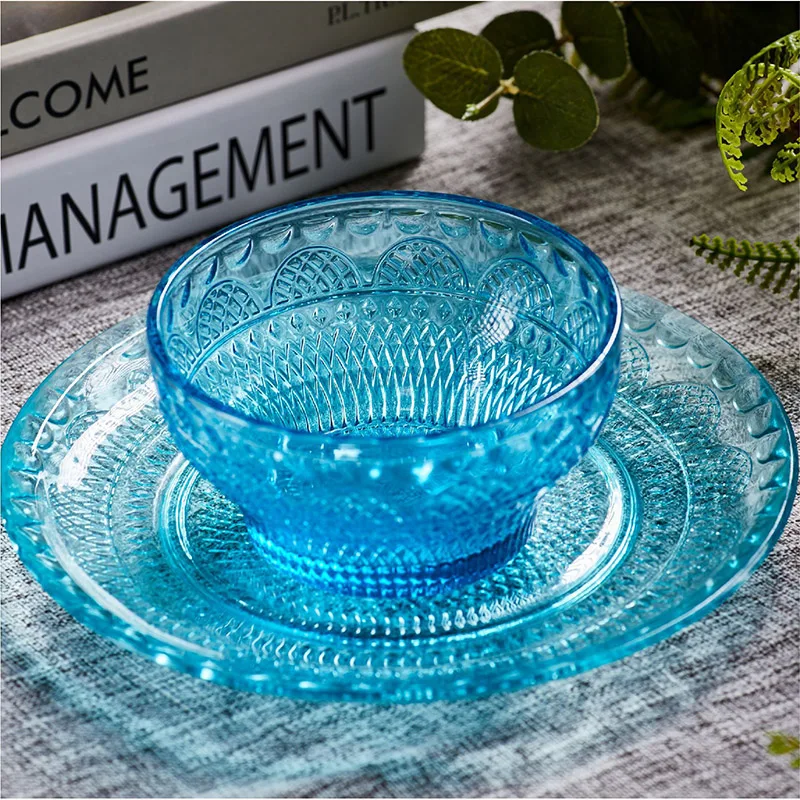 European Classical Plate Glass Fruit Bowl Figured Embossed Colorful Glass Bowl Plate Household Bowl And Dish Set
European Classical Plate Glass Fruit Bowl Figured Embossed Colorful Glass Bowl Plate Household Bowl And Dish Set