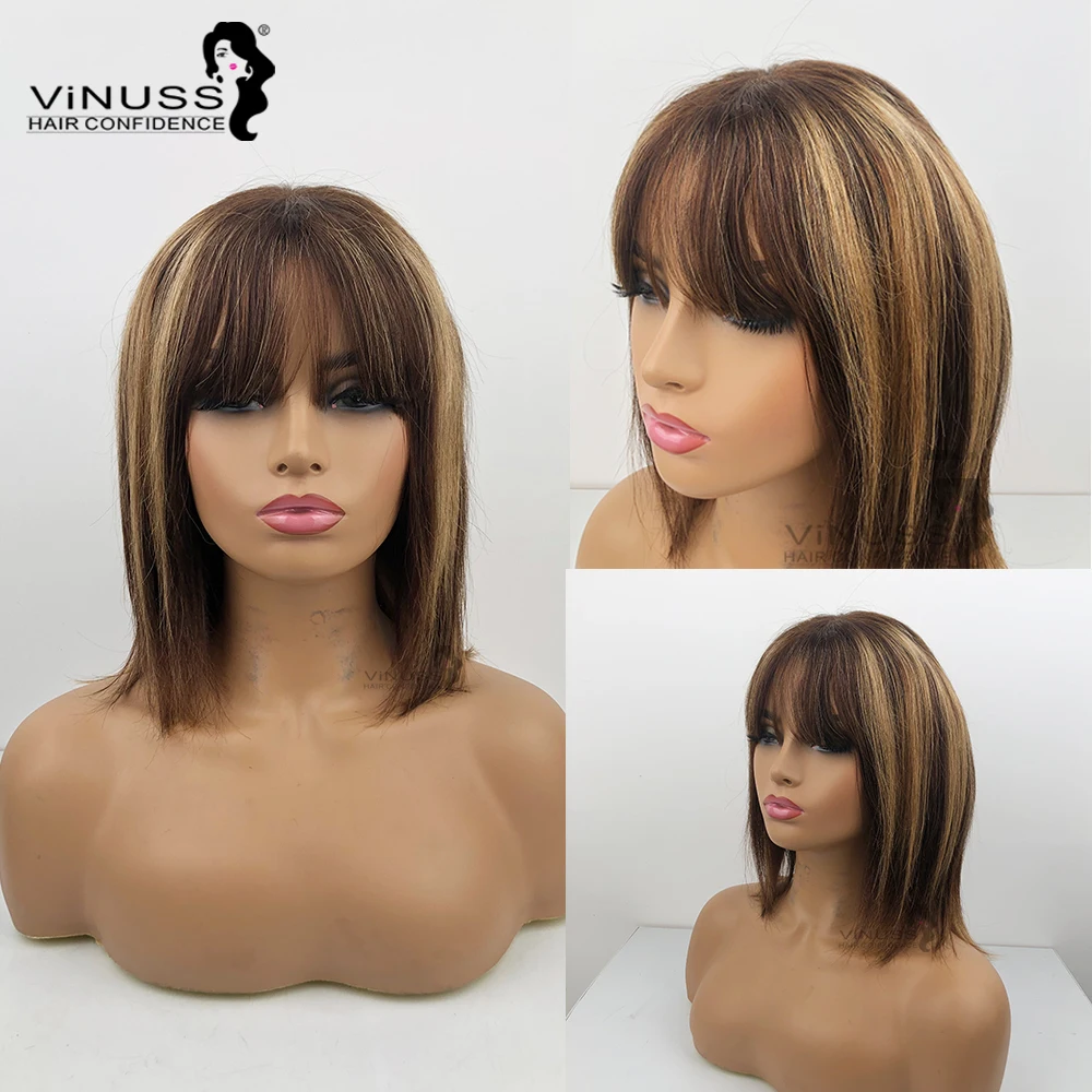 

4x4 Lace Closure Wig Ombre Highlight Short Bob Wig Human Hair Wigs With Bangs Brown Honey Blondle 150% Density VINUSS Remy