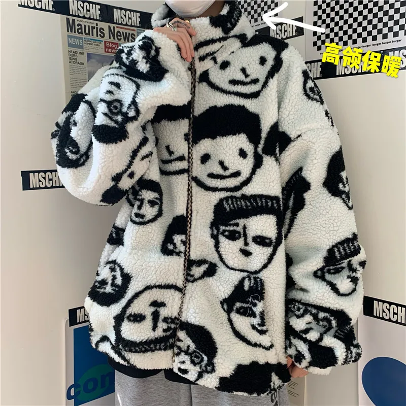 

Winter New Harajuku Cashmere Coat Cute Cartoons Printing Full Sleeve Jacket Female Lambs Wool Turtleneck Zipper Outerwear Tops