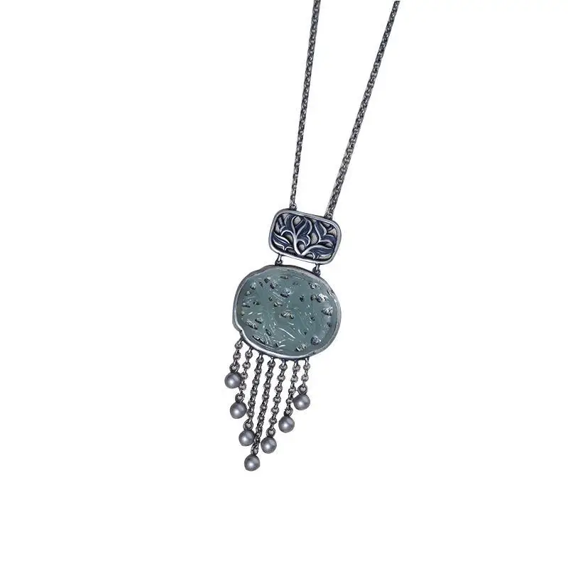 Retro 925 Sterling Silver Sweater Chain Pendant Rich Jade Bamboo Hollow Antique Finish Tassel Long Necklace Women's National 
Retro 925 Sterling Silver Sweater Chain Pendant Rich Jade Bamboo Hollow Antique Finish Tassel Long Necklace Women's National