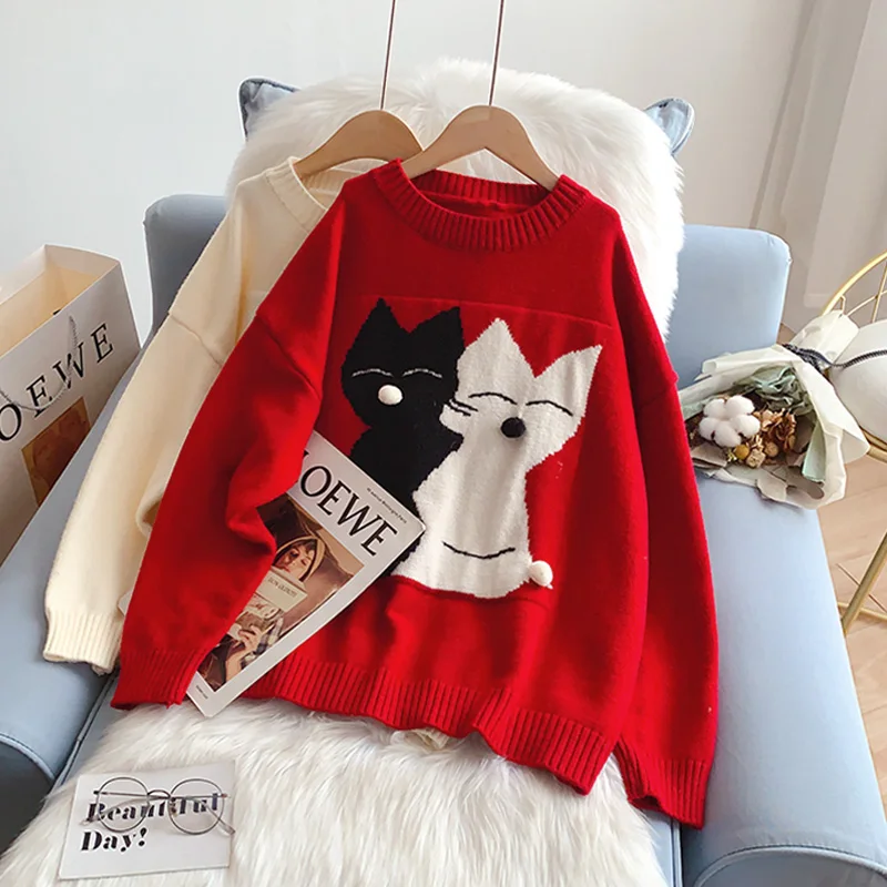 SONG YI Japanese Cute Cartoon Kitted Sweater Girl Autumn and Winter Loose O Neck Jumpers Cat Print Long Sleeve Pullovers J320
SONG YI Japanese Cute Cartoon Kitted Sweater Girl Autumn and Winter Loose O Neck Jumpers Cat Print Long Sleeve Pullovers J320