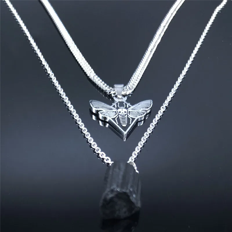 AFAWA Gothic Skull Moth Stainless Steel Layered Necklace Women Black Color Natural Stone Statement Jewelry N3753S02 | Украшения и