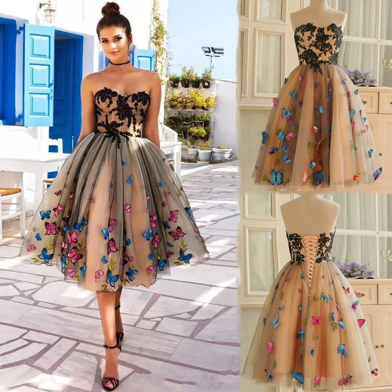 Sexy Knee Length Prom Dresses Colorful Butterfly Lace Appliques Cocktail Dress Vestido De Fiesta Party Dresses Rochii Ball Gown
Sexy Knee Length Prom Dresses Colorful Butterfly Lace Appliques Cocktail Dress Vestido De Fiesta Party Dresses Rochii Ball Gown