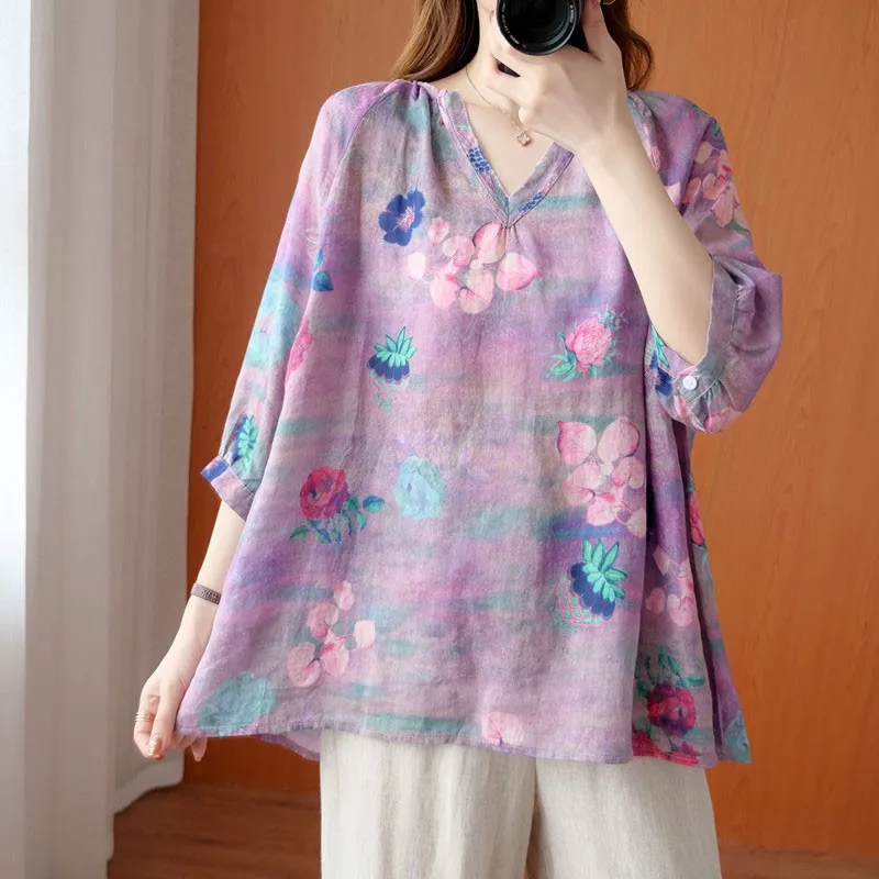 Women Cotton Linen Casual Blouses New 2021 Summer Vintage Style V-neck Floral Print Loose Female Tops Shirts S3136
Women Cotton Linen Casual Blouses New 2021 Summer Vintage Style V-neck Floral Print Loose Female Tops Shirts S3136