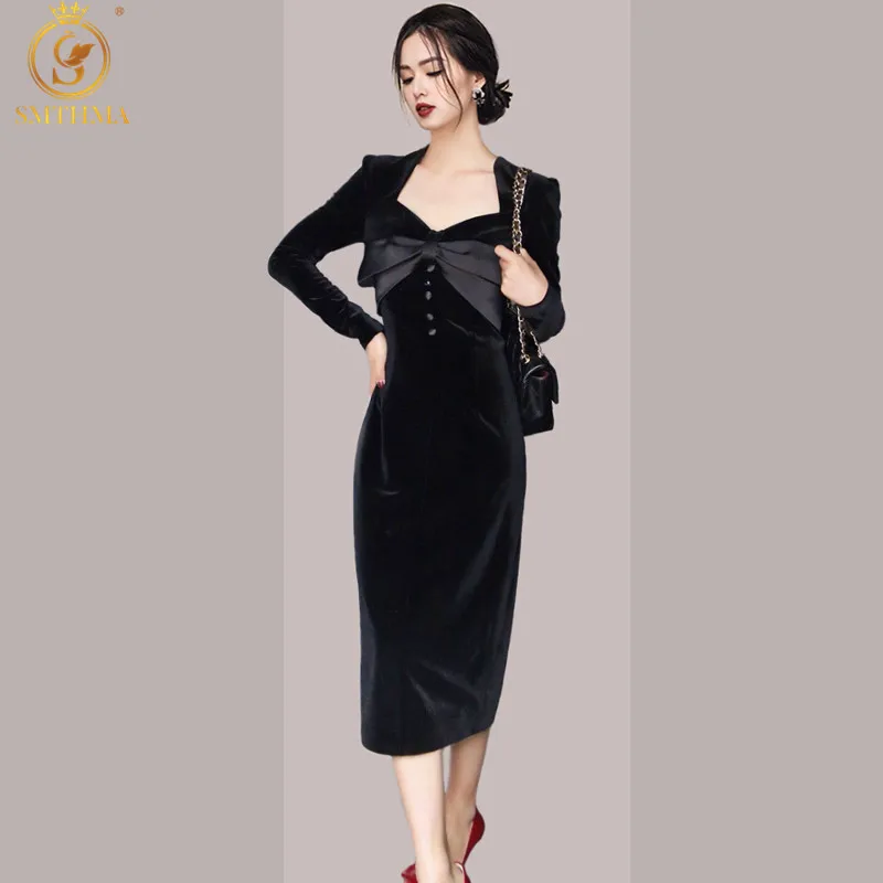 SMTHMA Vintage Elegant V-Neck Black Velvet Dress Women's Temperament Luxury Ladies Bow Sexy Split Dresses
SMTHMA Vintage Elegant V-Neck Black Velvet Dress Women's Temperament Luxury Ladies Bow Sexy Split Dresses