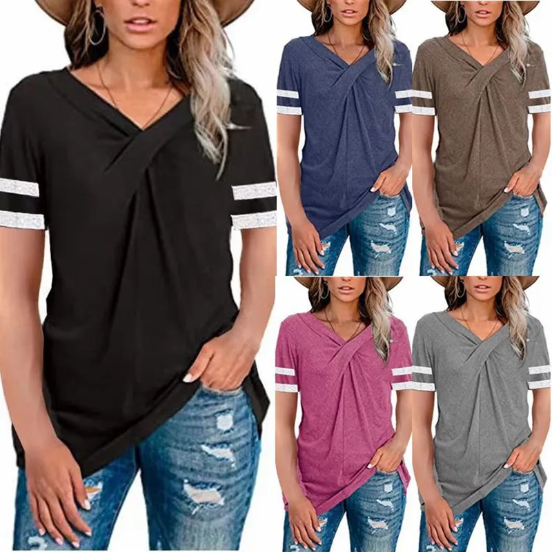 2021 Summer New V-neck Kink Solid Color Tops Women Casual Short-sleeved T-Shirt Fashion Stripe Splice Tops Female Loose Tops Tee
2021 Summer New V-neck Kink Solid Color Tops Women Casual Short-sleeved T-Shirt Fashion Stripe Splice Tops Female Loose Tops Tee
