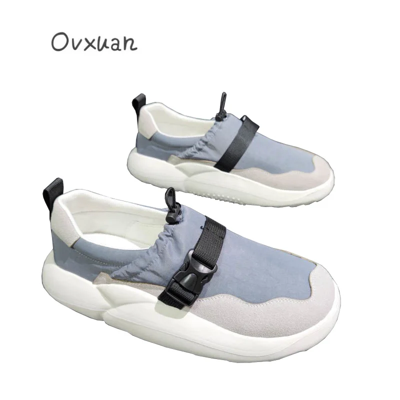 

OVXUAN Comfy Canvas Splicing Leather Belt Buckle Bread Shape Shoes Men Slip-on Flat Heel Rubber Slipper Casual Portable Boots