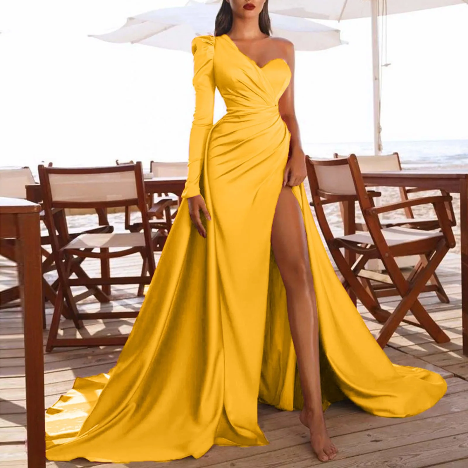 Women Sexy High Slits Gown Dress Elegant Ladies One Shoulder Tail Banquet Evening Party Long Dress Wedding Guest Maxi Dress Robe
Women Sexy High Slits Gown Dress Elegant Ladies One Shoulder Tail Banquet Evening Party Long Dress Wedding Guest Maxi Dress Robe