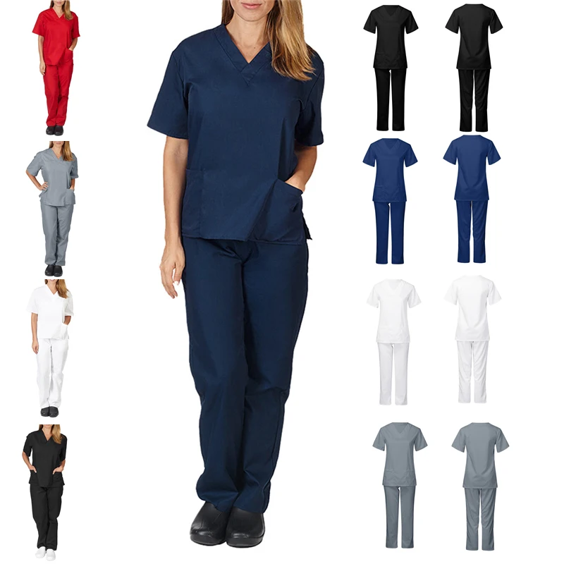 Костюм медицинский из топа с коротким рукавом и V-образным вырезом и брюк
Костюм медицинский из топа с коротким рукавом и V-образным вырезом и брюк