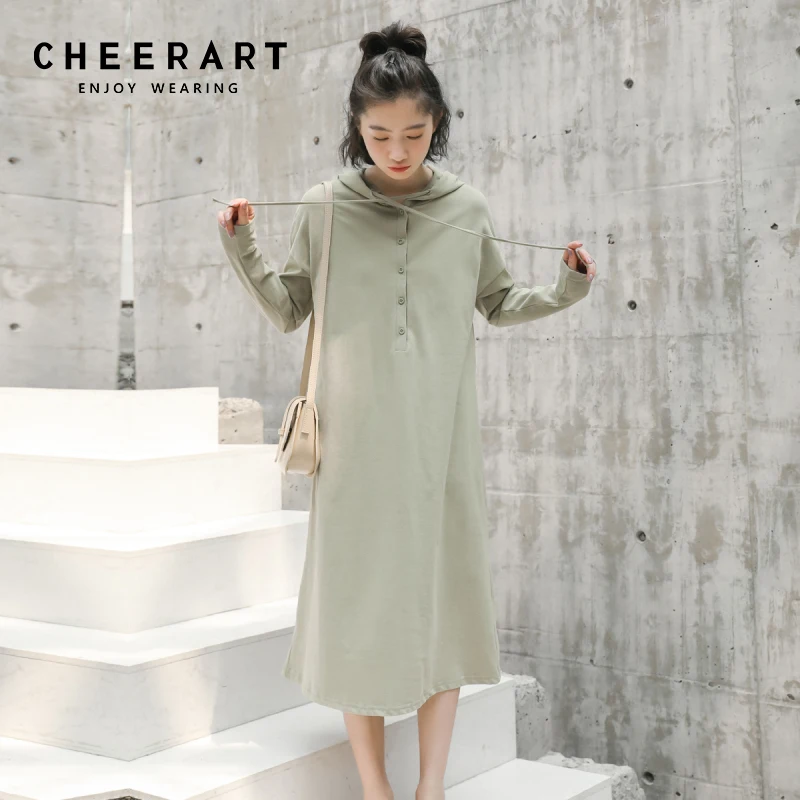 Зеленое платье CHEERART с длинным рукавом и капюшоном осень 2021 корейская мода