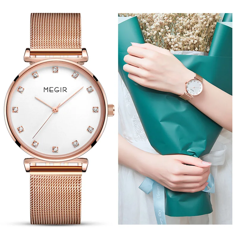 MEGIR 2021 роскошные женские часы с бриллиантами красные розовое золото нержавеющая