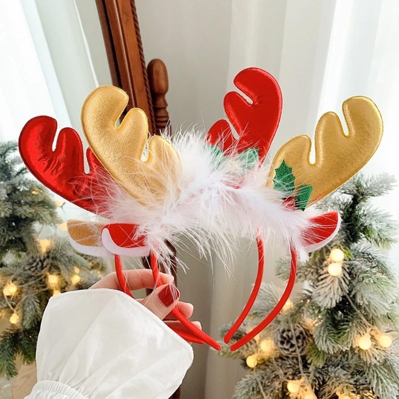 

Feather Deer Ears Headband with Bells Reindeer Headwear Antlers Hair Hoop Fawn Horn Christmas Headpiece Party Supplies