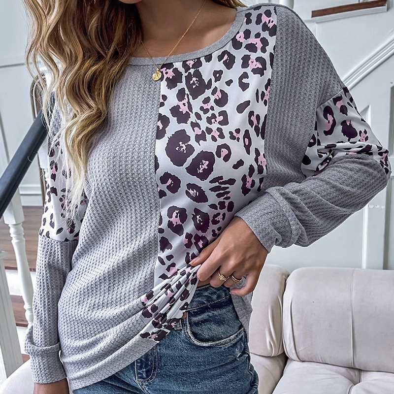 

CARDE HOMES Autumn 2021 New Long Sleeves O-Neck Pullover Women T-shirt Fashion Casual Leopard Tops Waffle Milk Silk Gray Tees