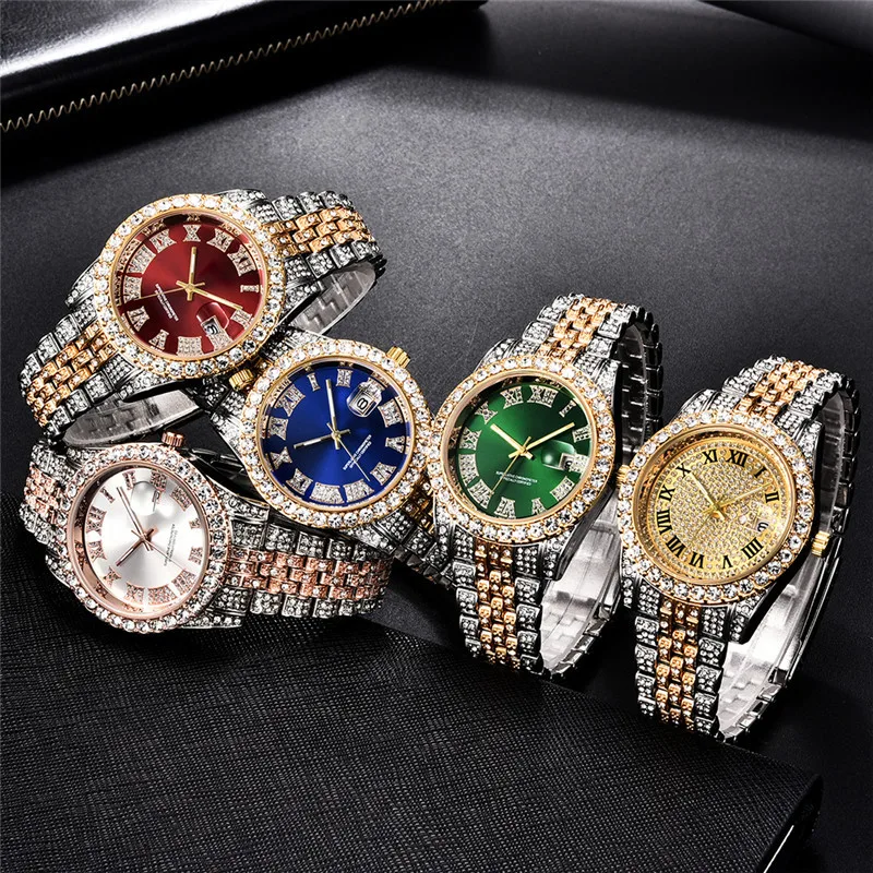 Полностью Bling бриллиант ААА часы мужские роскошные модные кварцевые цвета:
