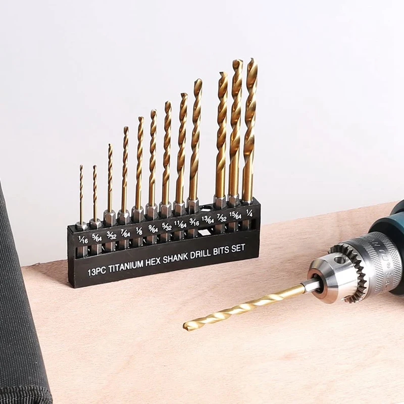 13 Pcs Titanium Twist Drill Bit Set Hex Shank High Speed Steel for Wood Plastic Aluminum Alloy, 1/16-1/4 Inch
13 Pcs Titanium Twist Drill Bit Set Hex Shank High Speed Steel for Wood Plastic Aluminum Alloy, 1/16-1/4 Inch