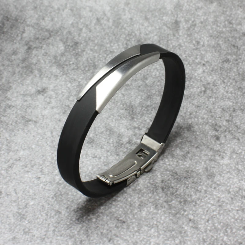 Black Sport Silicone Bracelets Bangles Men Stainless Steel Geometric Charm Jewelry Punk Accessories Cuff Bangle | Украшения и