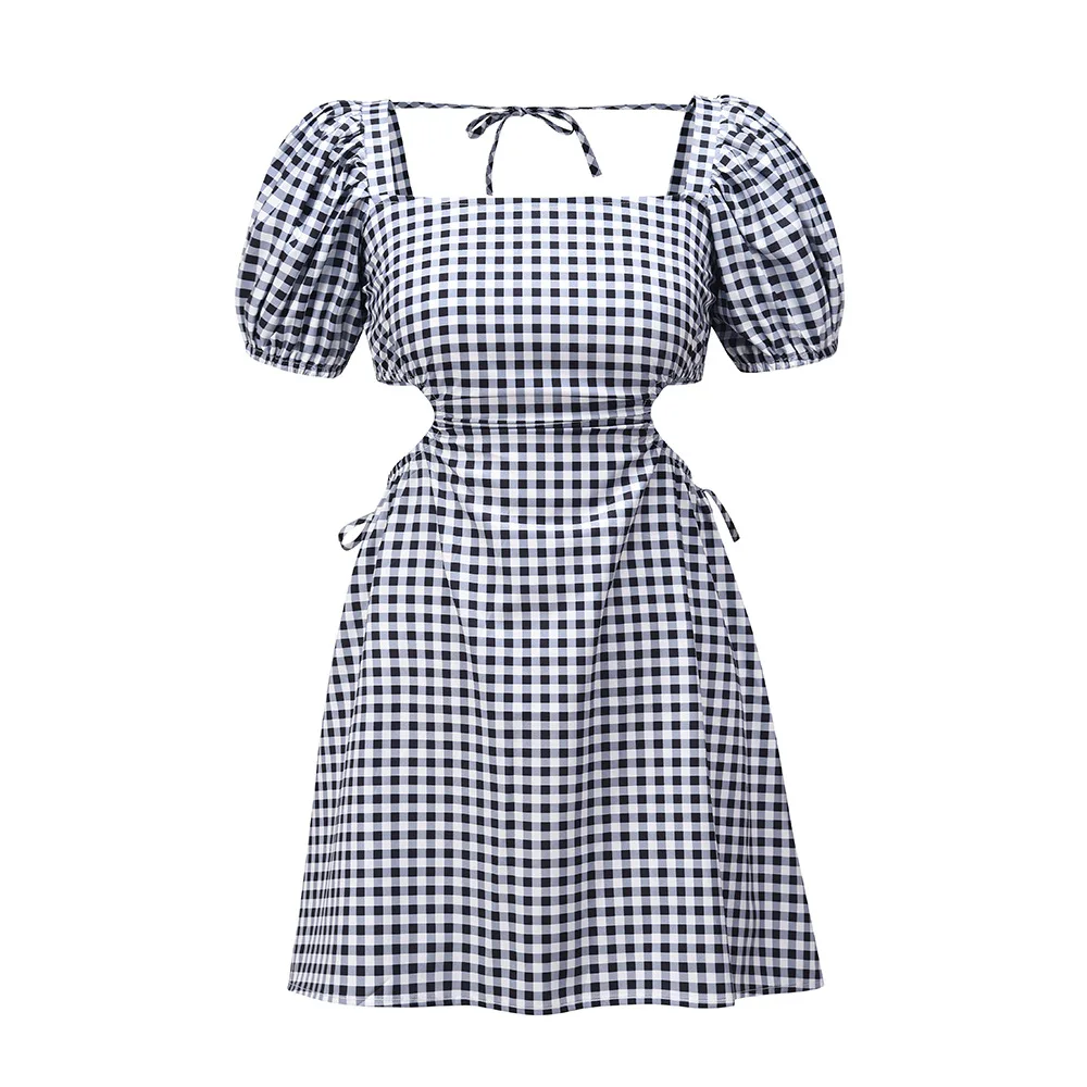 Yg brand women's 2021 summer new short sleeve dress European and American sexy Plaid print open back bandage skirt 
Yg brand women's 2021 summer new short sleeve dress European and American sexy Plaid print open back bandage skirt