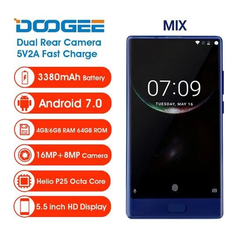 DOOGEE Mix смартфон с 5 5-дюймовым дисплеем восьмиядерным процессором Helio P25 ОЗУ 4 Гб ПЗУ
