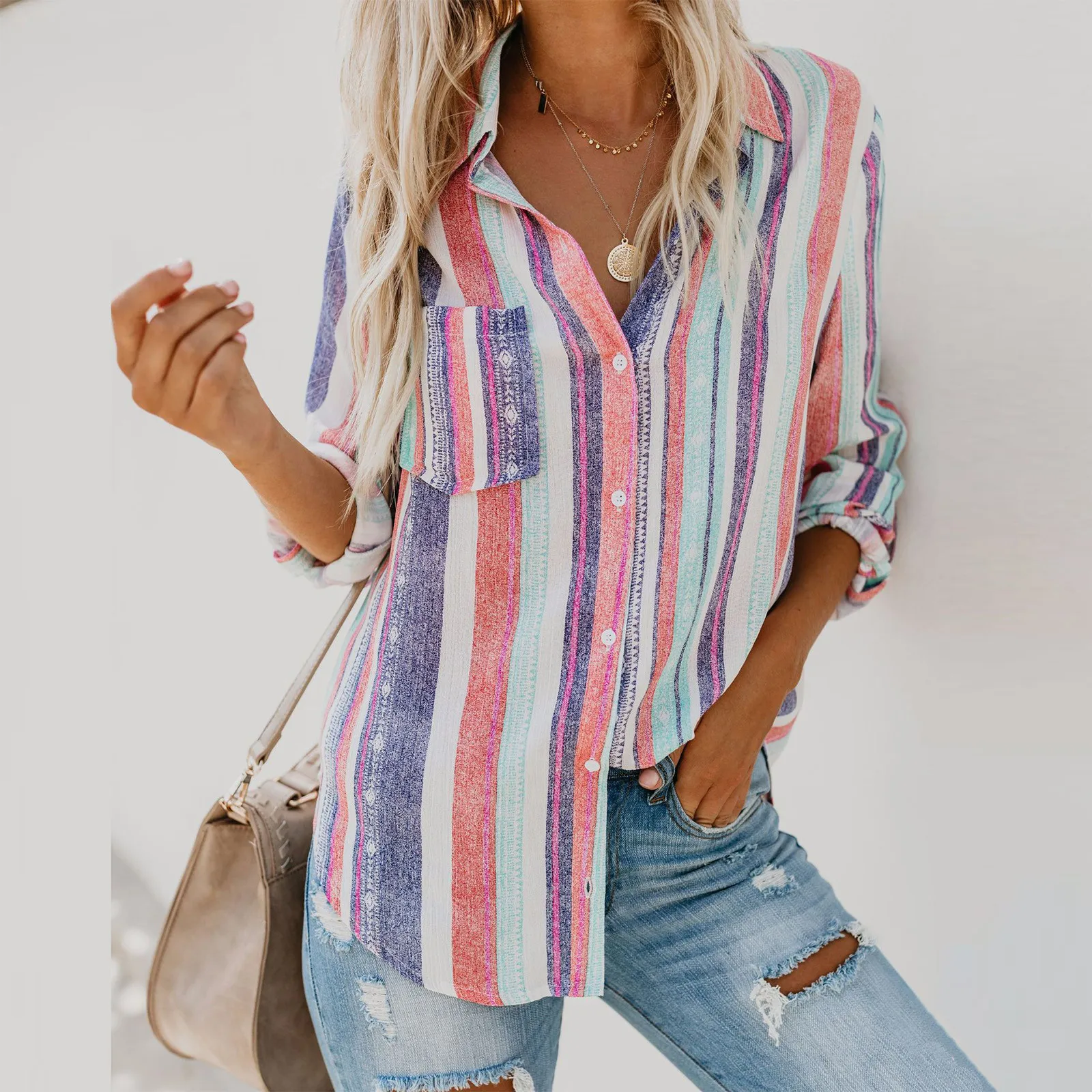 2021 Fall Women's Shirt Fashion Elegant Single-breasted Cardigan Color Stripe Printed Pocket Long Sleeve Shirt Top Blusa
2021 Fall Women's Shirt Fashion Elegant Single-breasted Cardigan Color Stripe Printed Pocket Long Sleeve Shirt Top Blusa