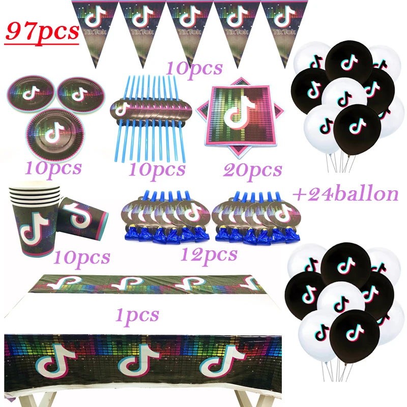 Adult and Kids Favors Tik Video Theme Party Decoration Balloons Disposable Tableware For Baby Shower Birthday Party Supplies Set 
Adult and Kids Favors Tik Video Theme Party Decoration Balloons Disposable Tableware For Baby Shower Birthday Party Supplies Set