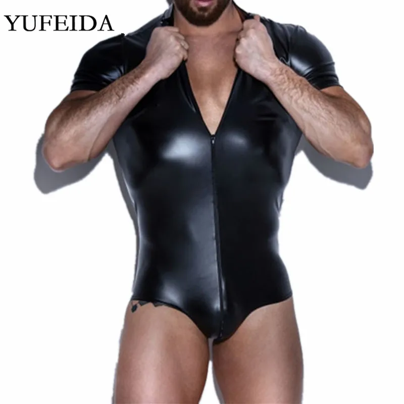 

Sexy Mens Underwear PU Leather Bodysuits Wrestling Singlet Gay Briefs Jumpsuit Zipper Catsuit Leotard Undershirts Dance Clubwear