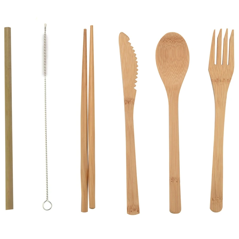 

Bamboo Cutlery Set - Kitchen Utensils, Travel Reusable Wooden Fork Spoon Chopsticks - Eco Friendly, Natural Organic Flatware - C