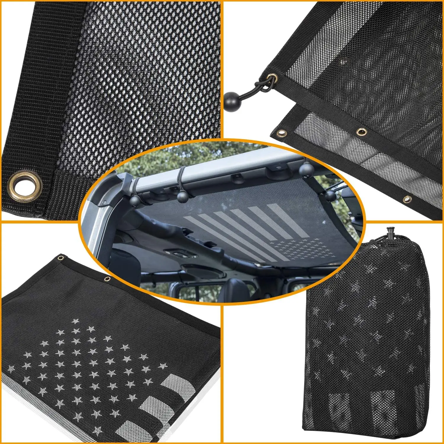 Front Eclipse Sunshade Mesh Top Cover with USA Flag Provides UV Sun Protection for Jeep Wrangler 4 Door JL 2018-2020 Soft Top 
Front Eclipse Sunshade Mesh Top Cover with USA Flag Provides UV Sun Protection for Jeep Wrangler 4 Door JL 2018-2020 Soft Top