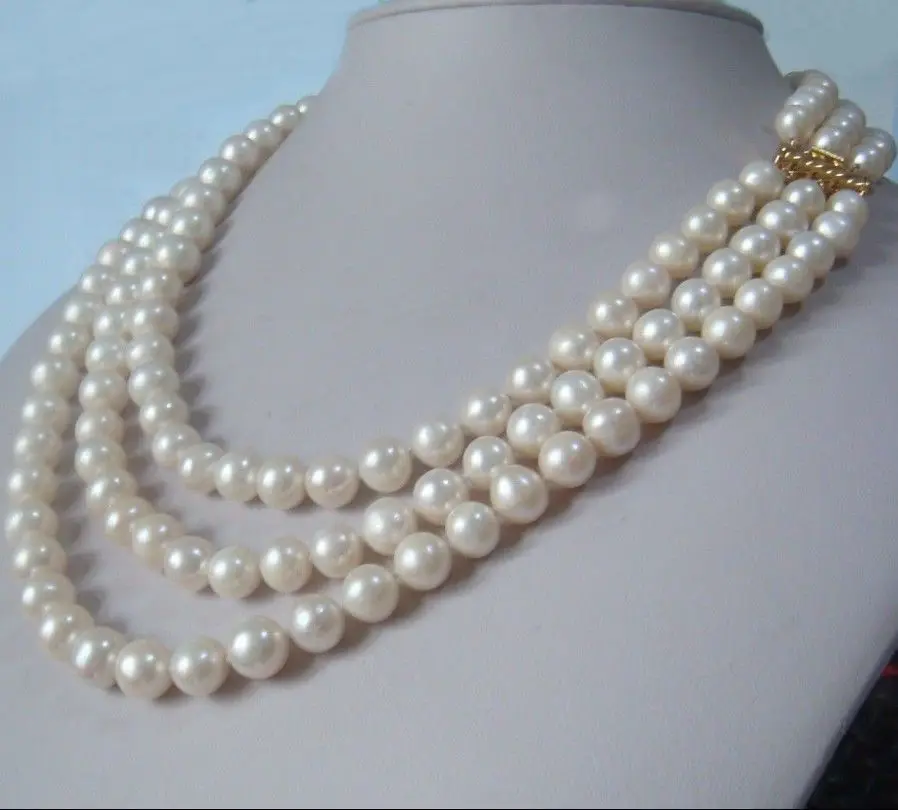 

3 row strands natural 8-9mm akoya white pearl necklace 17"18"19"14K gold plated clasp