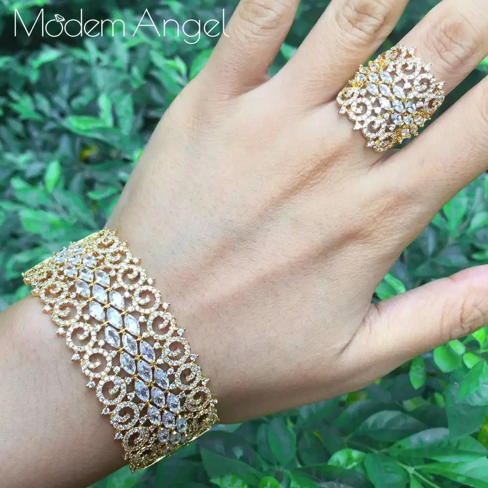 ModemAngel роскошный полный фианит золотой цвет женский свадебный браслет и кольца