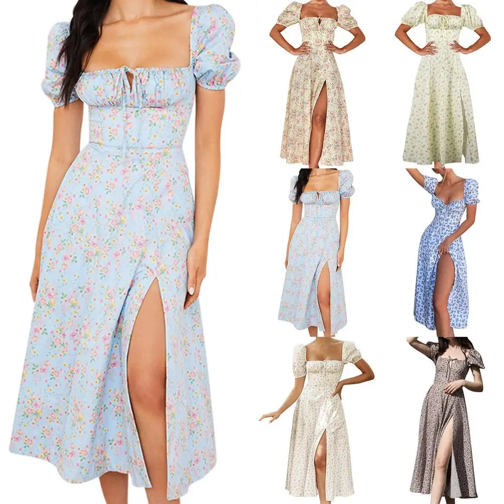 Ladies Floral Print Puff Short Sleeve Women Dress High Split Party Long Dresses Elegant Lace Up Sweet Summer Club Sexy Dress 
Ladies Floral Print Puff Short Sleeve Women Dress High Split Party Long Dresses Elegant Lace Up Sweet Summer Club Sexy Dress